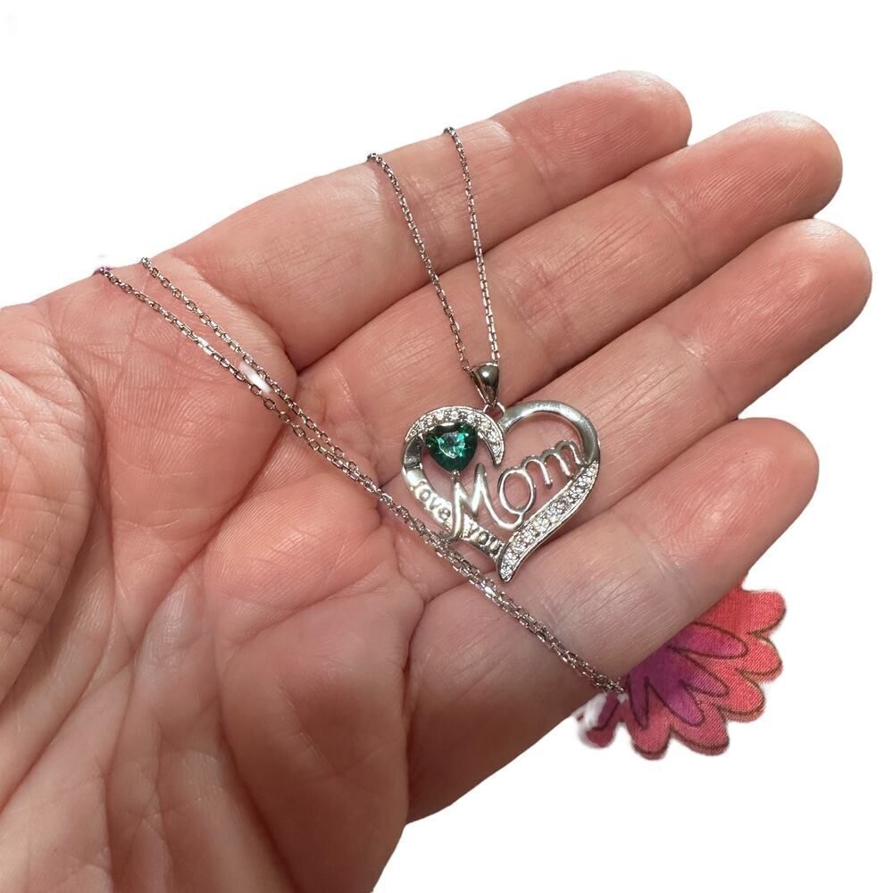 I Love You Mom Green Cz Heart Sterling Silver Necklace - Picture 4 of 6